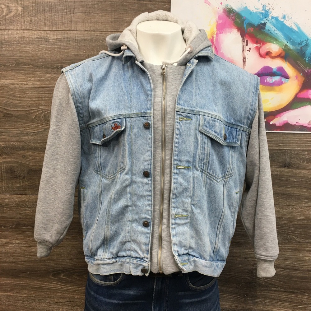 VINTAGE Bugle Boy Y2K Original Denim Jacket Mens XL Light‎ Wash Hooded
